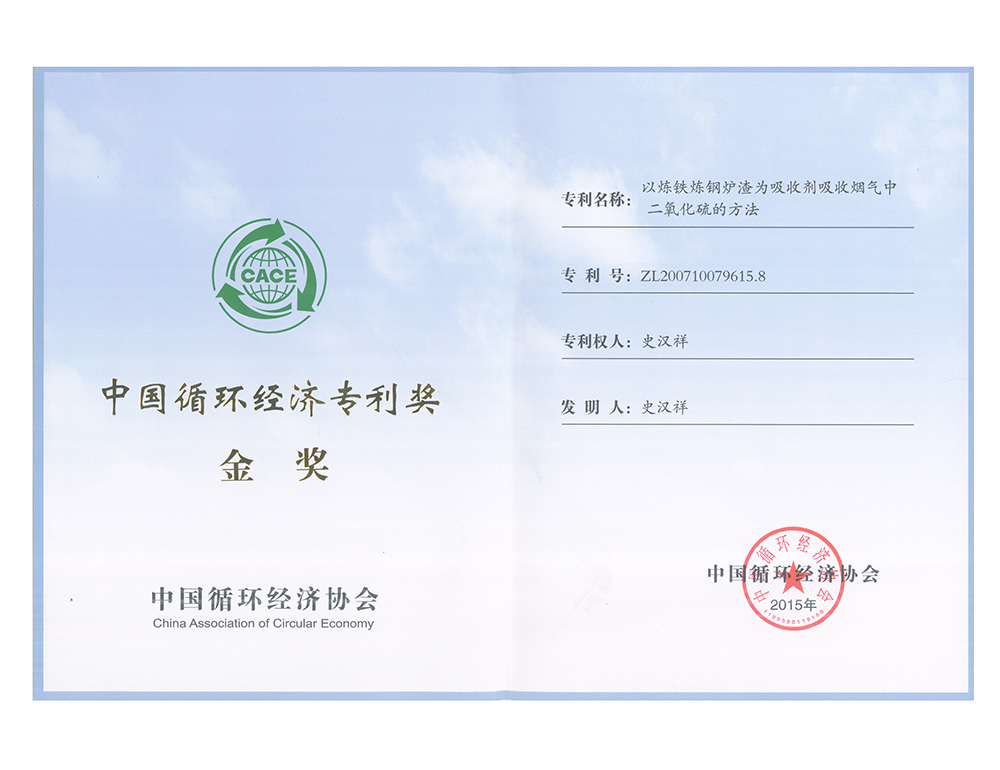 中国循环经济专利金奖奖状